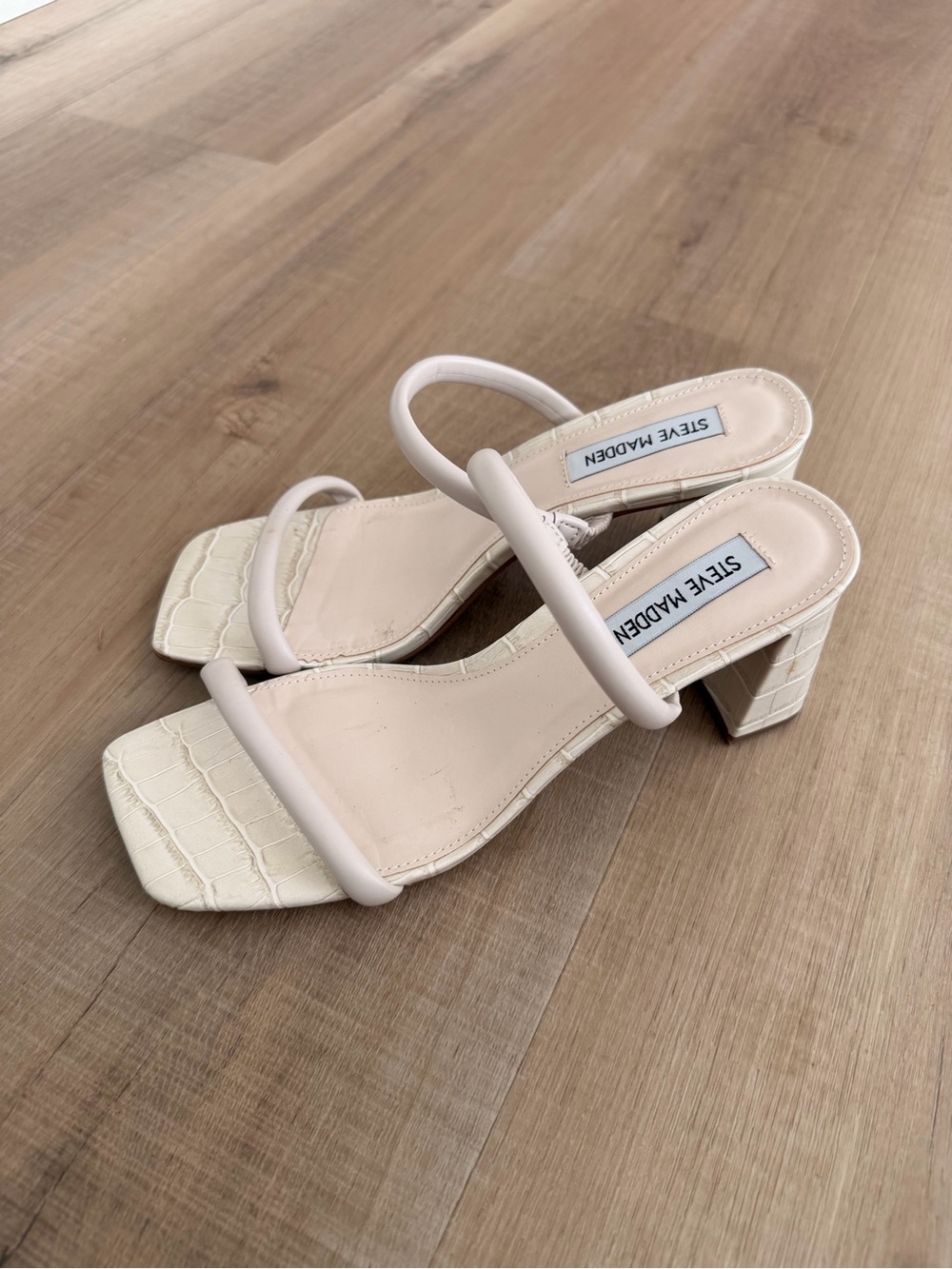 Steve Madden Off-White Croc-Embossed Strappy Block Heels